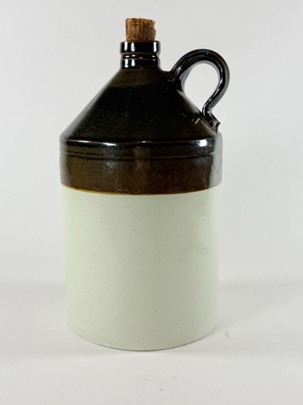 Vintage Stoneware Crock Jug Brown & Beige Pottery With Handle & Cork Stopper 1 G
